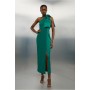 Tailored Satin Back Crepe Tie Neck Contrast Panel Maxi Dress