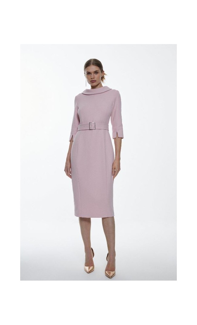 Tailored Structured Crepe Roll Neck Pencil Midi Dress