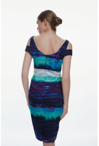 Blue Painterly Stripe Strap Detail Pencil Midi Dress