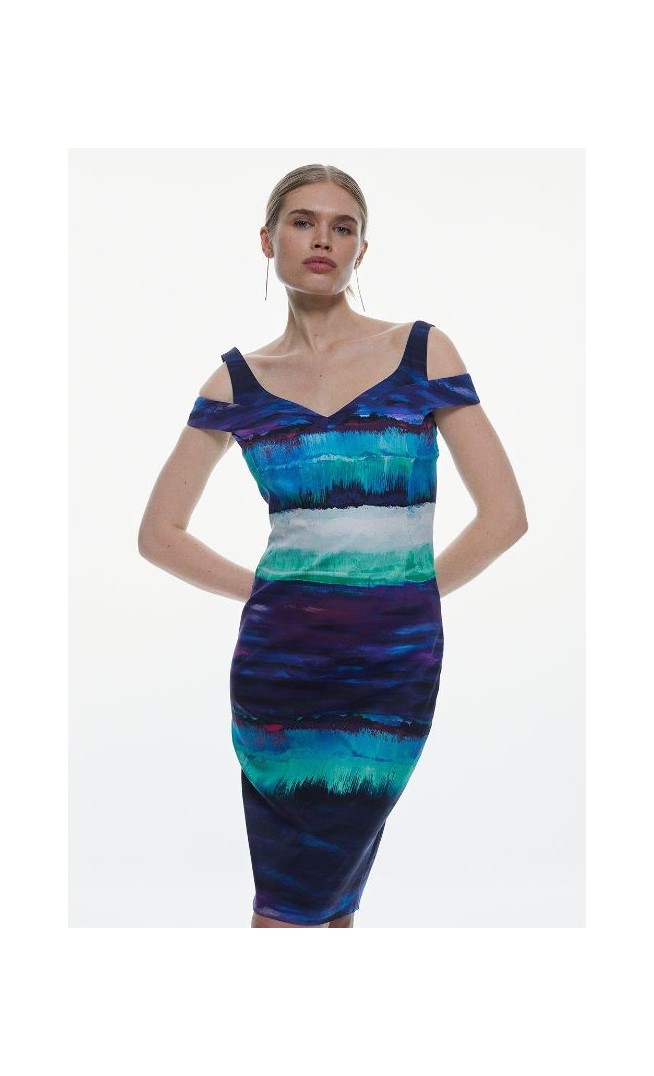 Blue Painterly Stripe Strap Detail Pencil Midi Dress