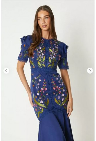 Embroidered Flute Hem Midi Dress With Lace Trim
