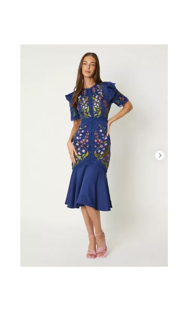 Embroidered Flute Hem Midi Dress With Lace Trim