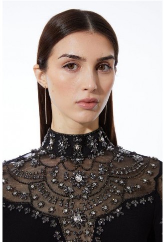Black Premium Crystal Embellished Woven Maxi Dress