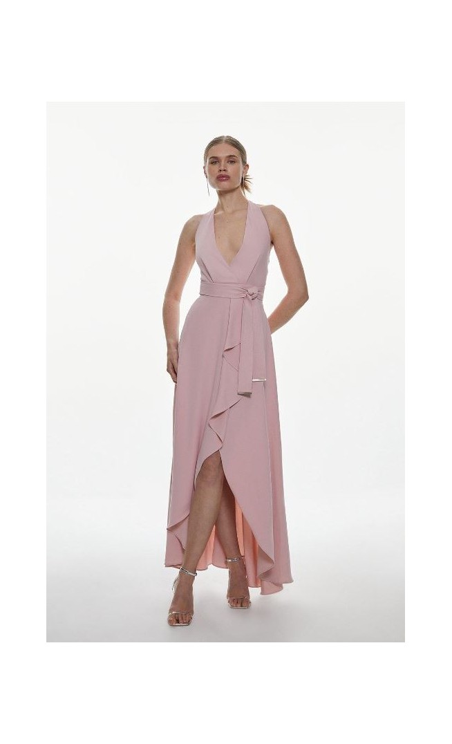 Blush Soft Tailored Waterfall Halter Maxi Dress