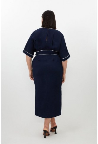 Navy Plus Size Contrast Piping Satin Back Crepe Woven Midi Dress