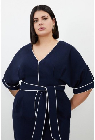 Navy Plus Size Contrast Piping Satin Back Crepe Woven Midi Dress