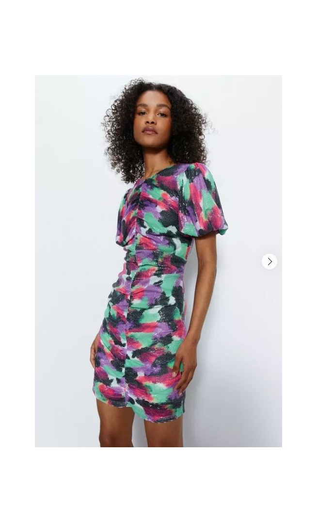 Abstract Printed Sequin Ruched Mini Dress