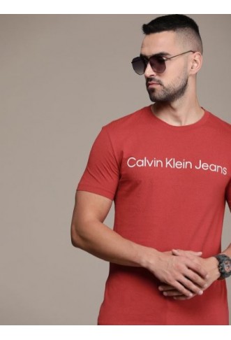 Men brand logo printed pure cotton slim fit t-shirt