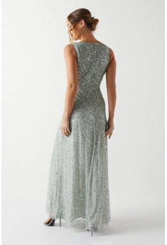 Sleeveless Wrap Front All Over Sequin Bridesmaids Maxi Dress