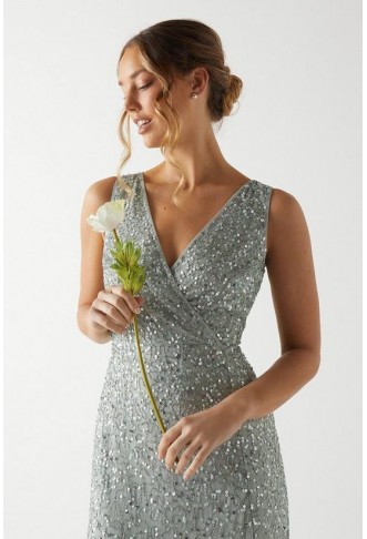 Sleeveless Wrap Front All Over Sequin Bridesmaids Maxi Dress