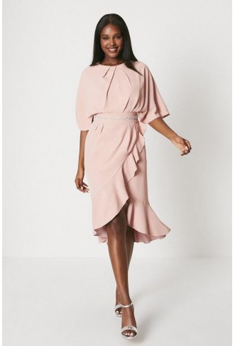 Crepe Frill Wrap Dress With...