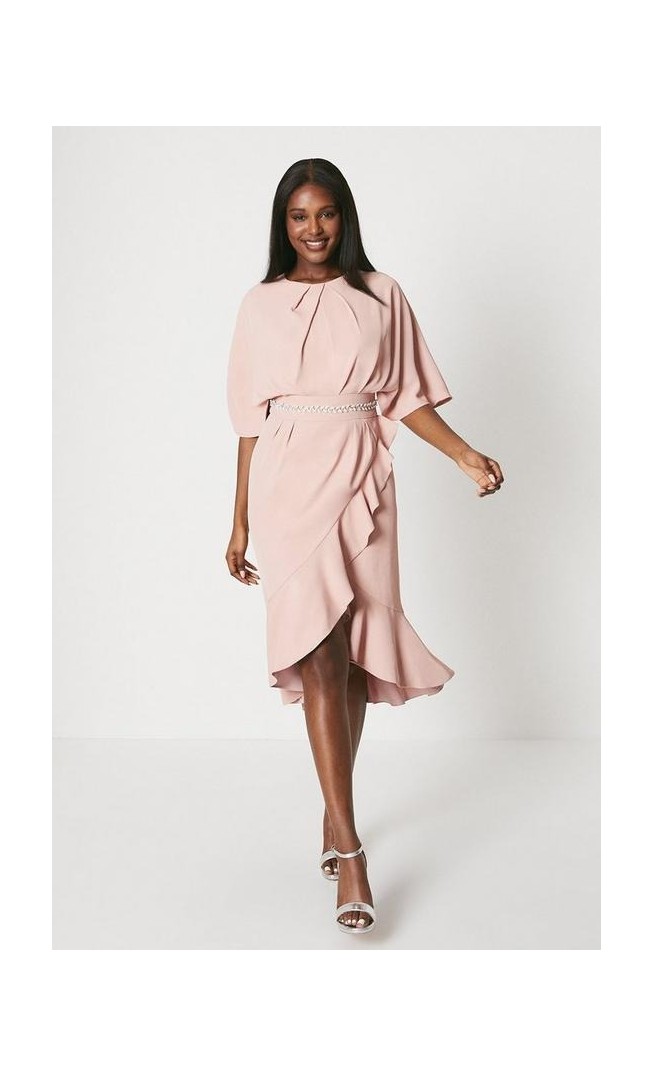 Crepe Frill Wrap Dress With Pearl Waist