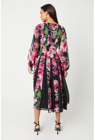 Blurred Floral V-neck Godet Dress