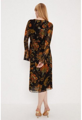 Dark Floral Silk Mix Belted Wrap Midi Dress