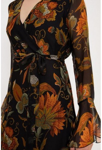 Dark Floral Silk Mix Belted Wrap Midi Dress