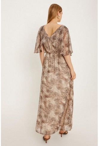 Printed Cape Wrap Front Metallic Chiffon Maxi Dress