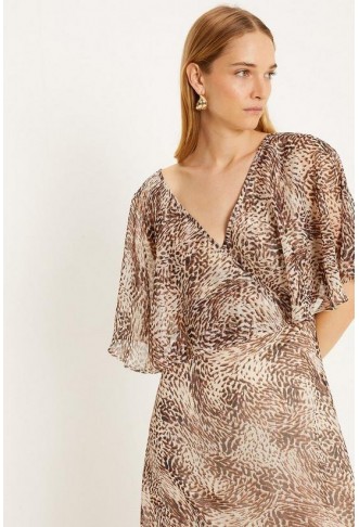 Printed Cape Wrap Front Metallic Chiffon Maxi Dress