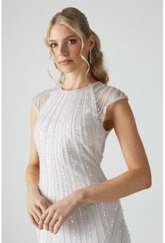 Embellished Cap Sleeve Linear Embellished Wedding Dress