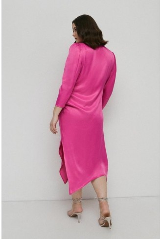 Plus Size Satin Long Sleeve Wrap Midi Slip Dress