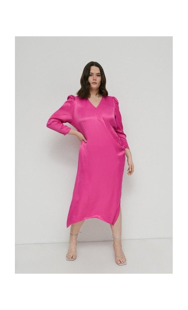 Plus Size Satin Long Sleeve Wrap Midi Slip Dress