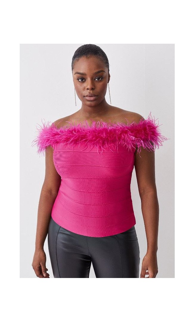 Magenta Plus Size Bandage Bardot Feather Knit Top