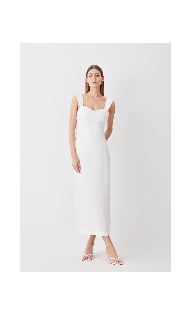White Linen Viscose Woven Midi Dress