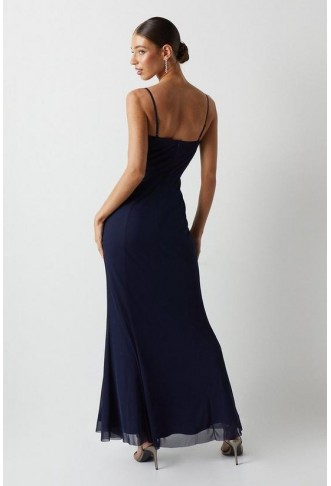 Cowl Front Stretch Mesh Bridesmaids Maxi Dress