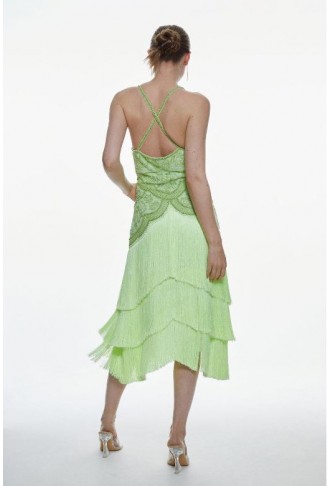 Lime Fringe And Beaded Halter Neck Midi Dress