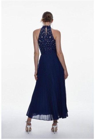 Navy Lace Embellished Halter Pleated Woven Midi Dress