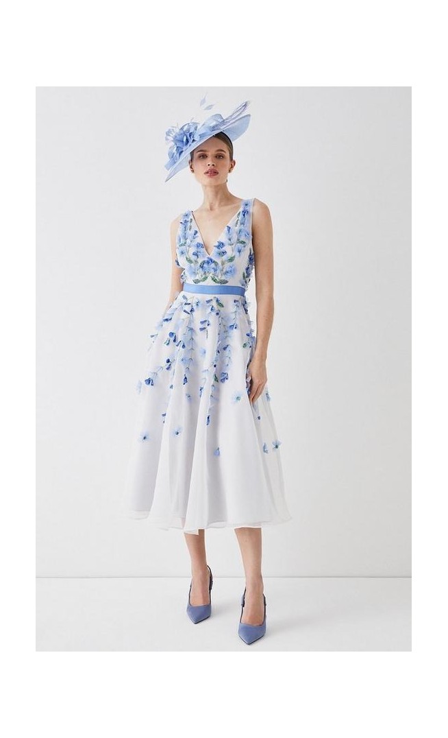 Plunge Organza 3d Floral Full Skirt Midi Dress
