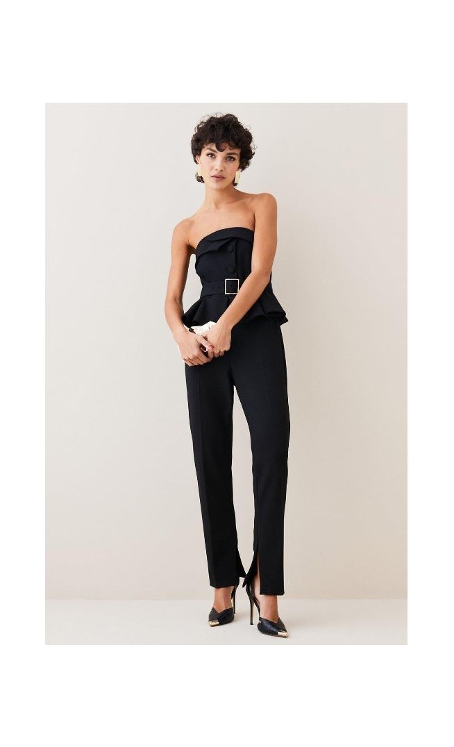 Black Compact Stretch Peplum Jumpsuit