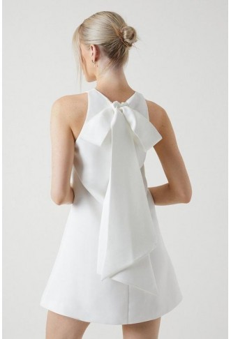 Statement Bow Structured Satin Bridal Mini Dress