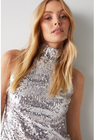 Liquid Sequin Funnel Neck Top