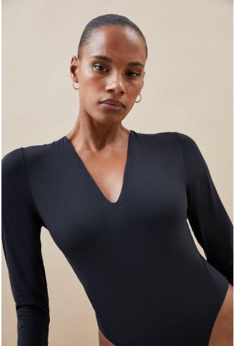 Black Contour Jersey Long Sleeve Plunge Bodysuit