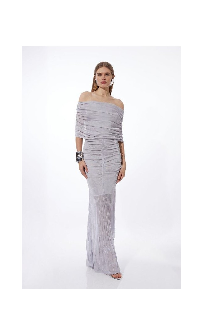 Grey Viscose Blend Slinky Sheer Knit Bardot Maxi Dress