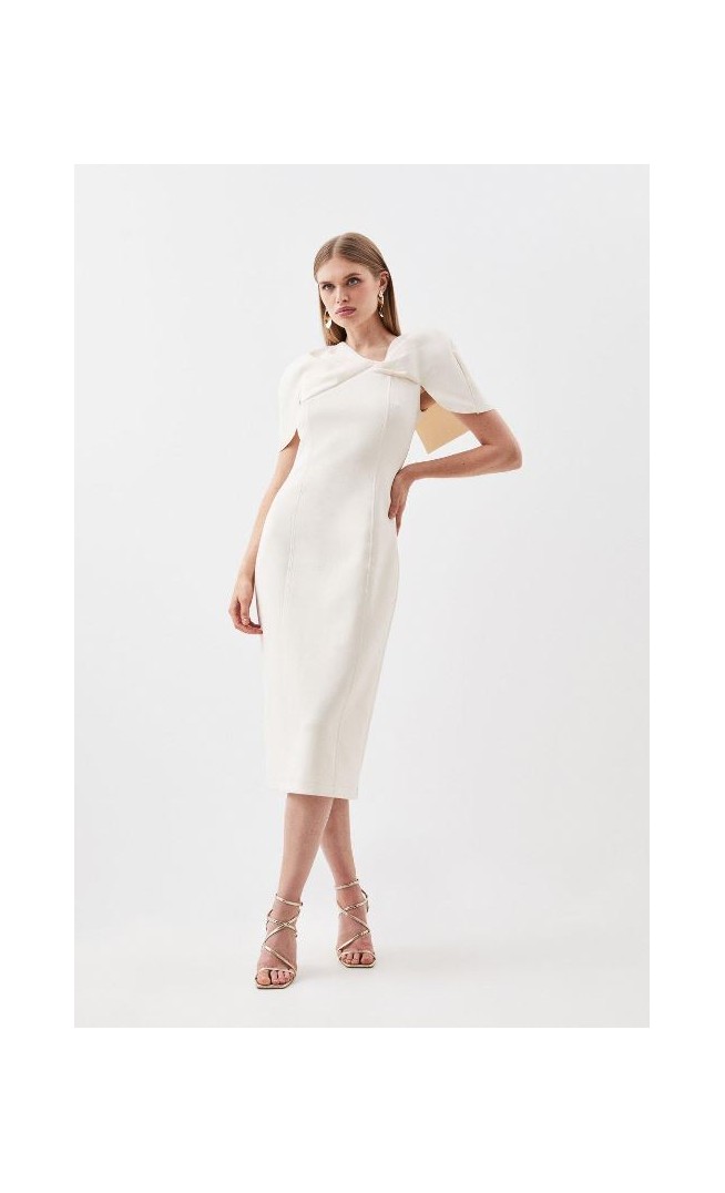 Cream Petite Scuba Asymmetric Neckline Midi Dress