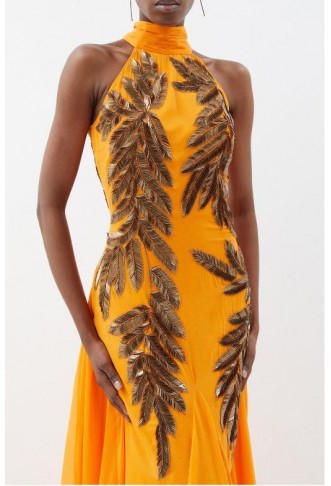 Orange Petite Halter Neck Feather Sequin Detail Woven Maxi Dress