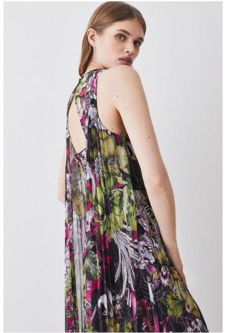 Multi Corset Detail Floral Pleated Halter Woven Maxi Dress