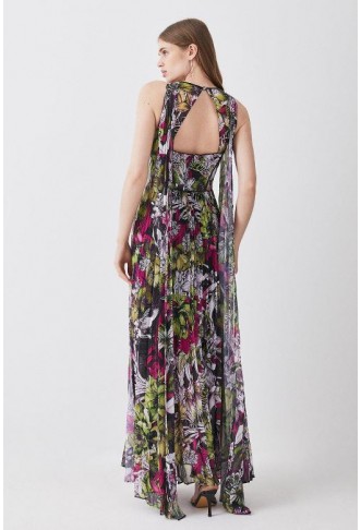 Multi Corset Detail Floral Pleated Halter Woven Maxi Dress