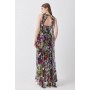 Multi Corset Detail Floral Pleated Halter Woven Maxi Dress