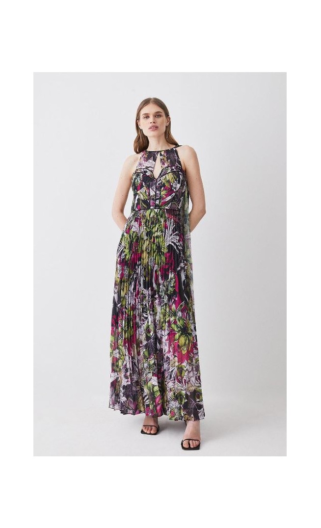Multi Corset Detail Floral Pleated Halter Woven Maxi Dress