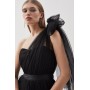 Black Tulle One Shoulder Woven Midi Dress