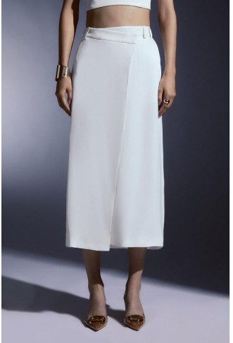 Ivory Tailored Satin Back Crepe Asymmetric Waist Wrap Detail Midi Skirt