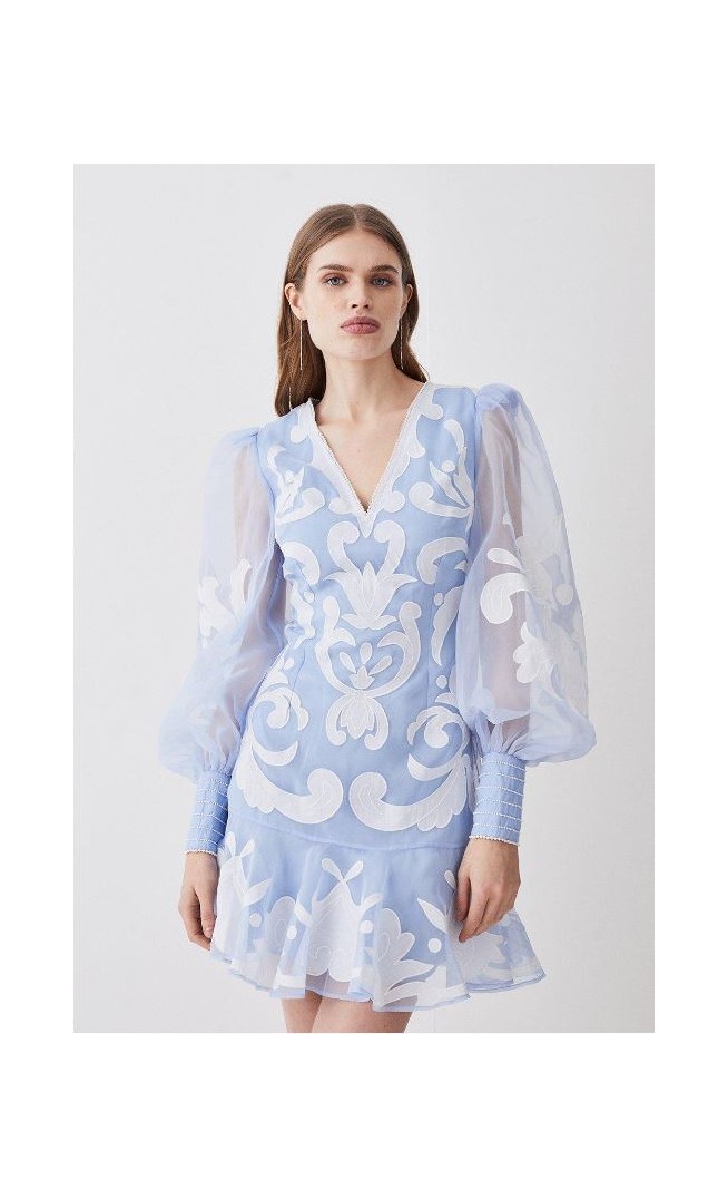 Blue Tall Applique Organdie Buttoned Woven Mini Dress