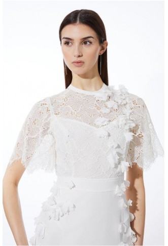 Ivory Lace Petal Applique Woven High Neck Maxi Dress