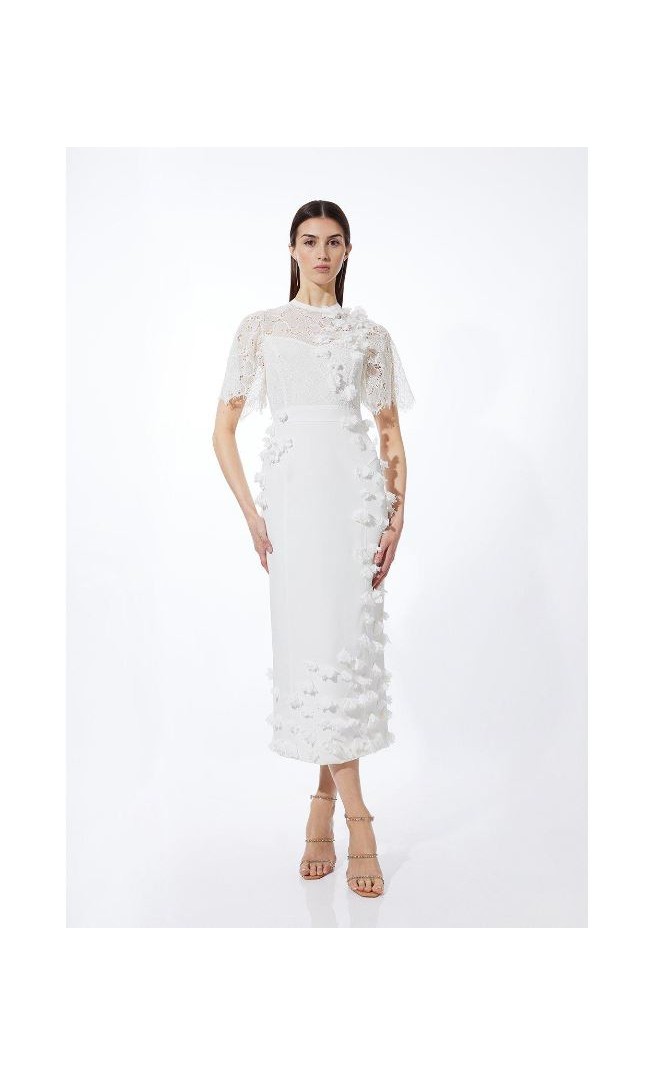 Ivory Lace Petal Applique Woven High Neck Maxi Dress