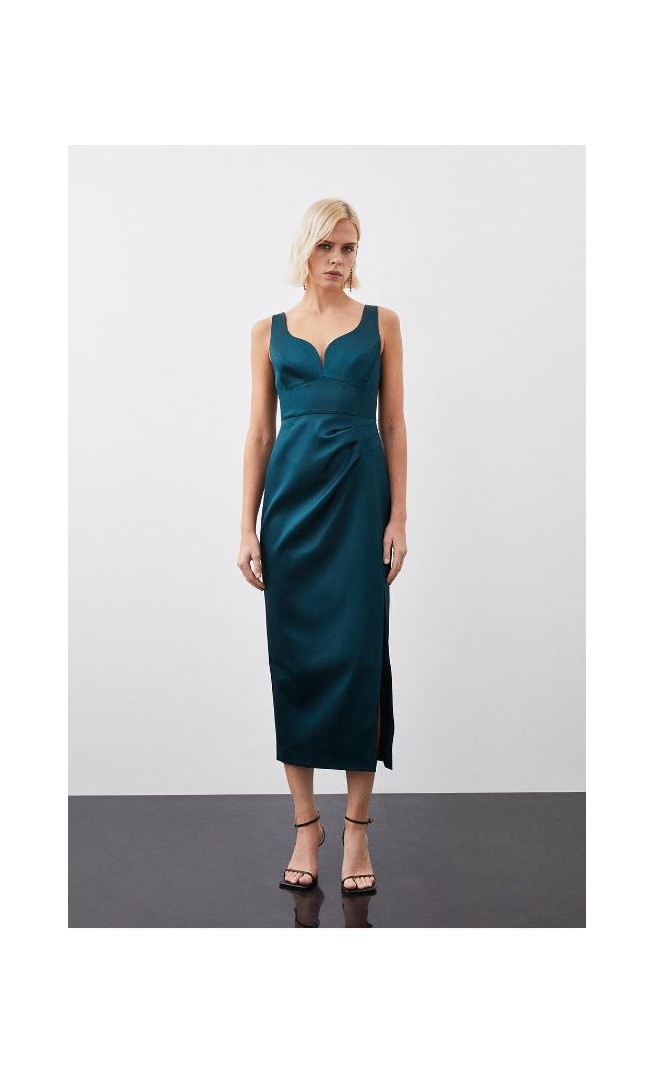 Emerald Tailored Italian Structured Satin Corset Detail Maxi Dress