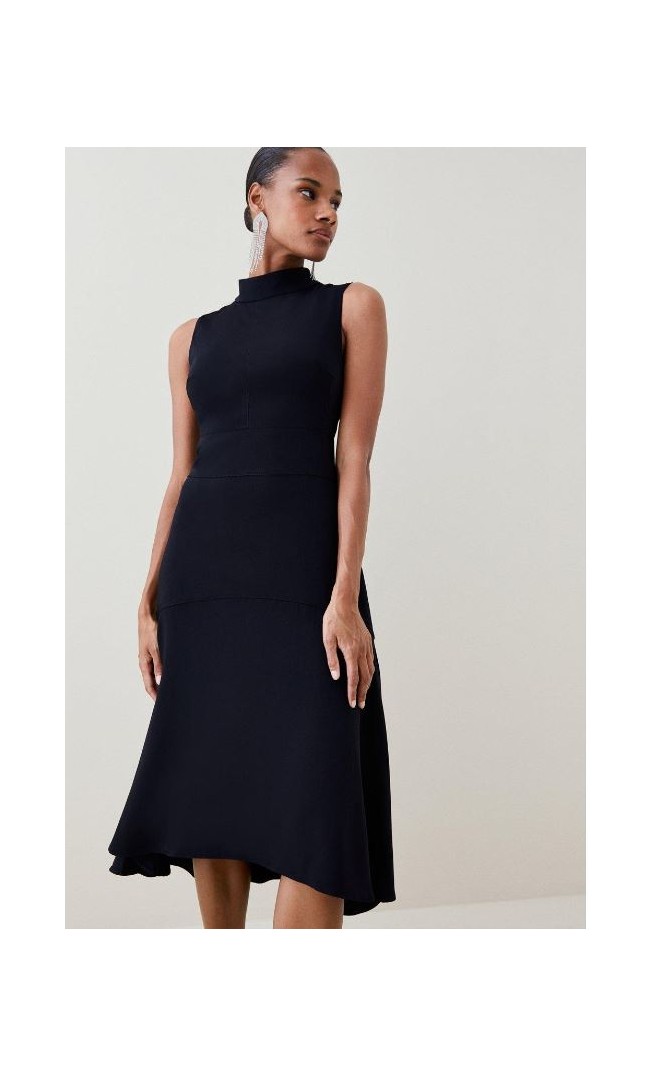 Black Petite Soft Tailored High Low Midi Dress