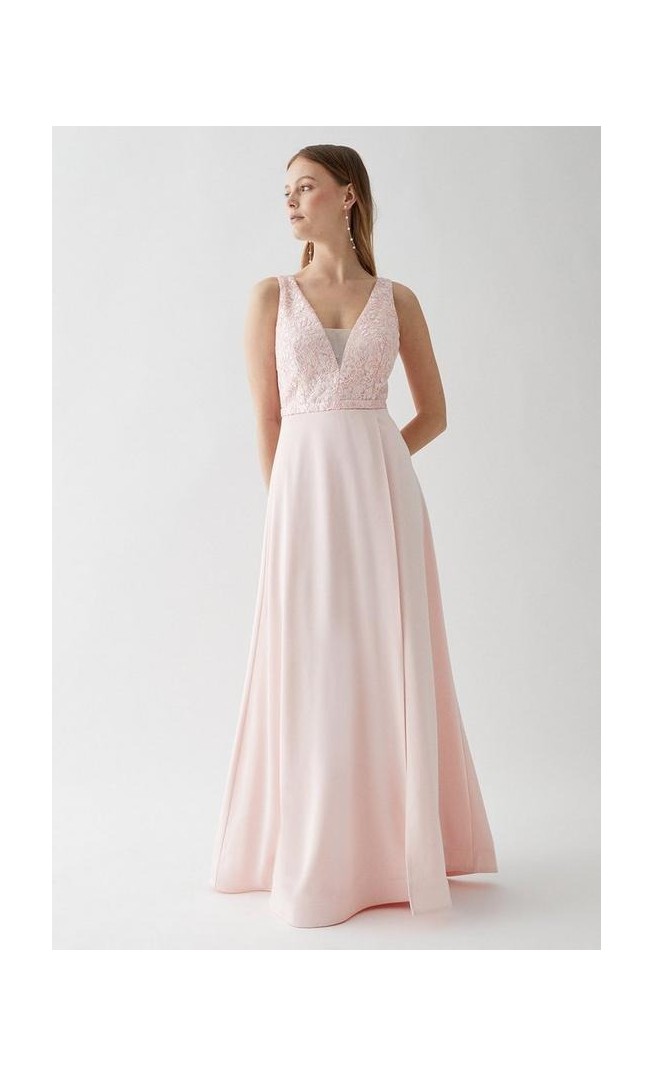 Sequin Mesh Bodice Full Satin Skirt Bridesmaid Dress