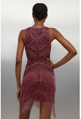 Burgundy Halter Neck Beaded And Embellished Woven Fringed Mini Dress